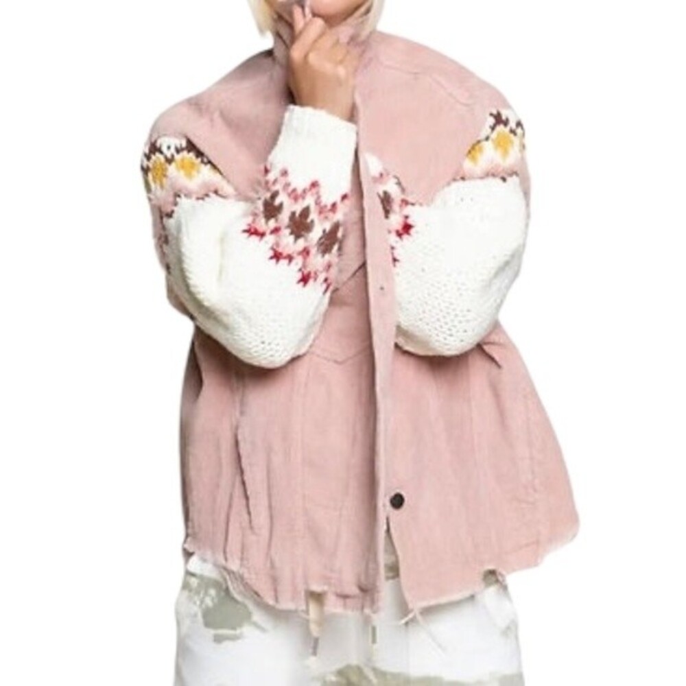 POL Women's Trucker Jacket Size Large Corduroy Sweater Knit Sleeve Boho Pink L